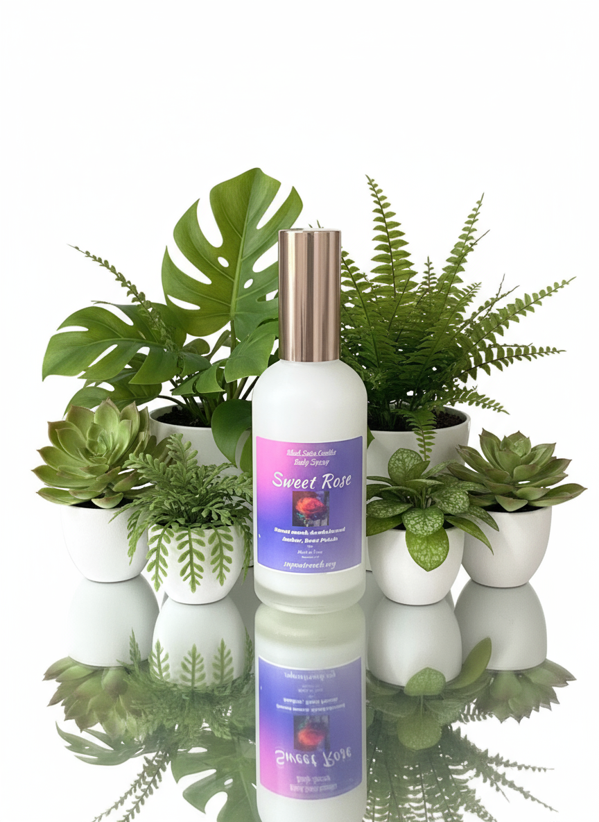 Bottle of 'Sweet Rose' body spray on a wooden surface with greenery in the background