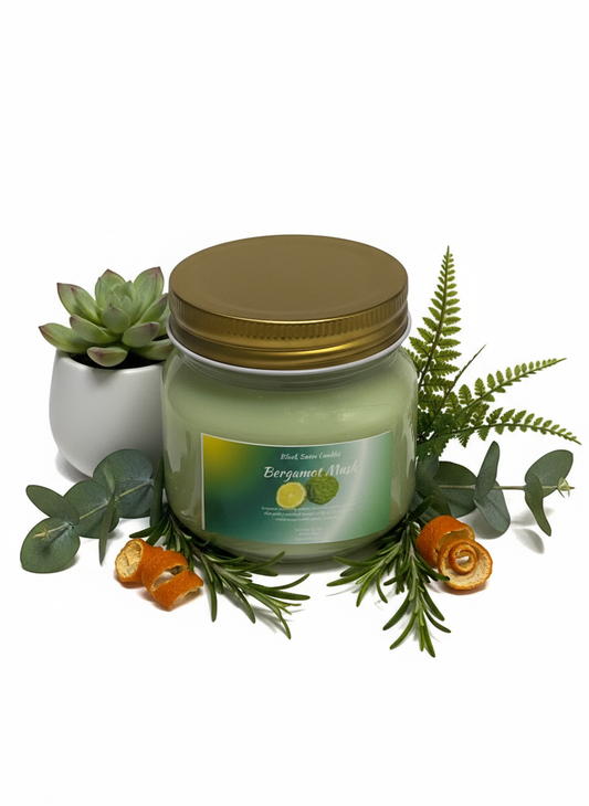 Bergamot Musk Scented Candle 8oz Single Cotton Wickless Glass Jar
