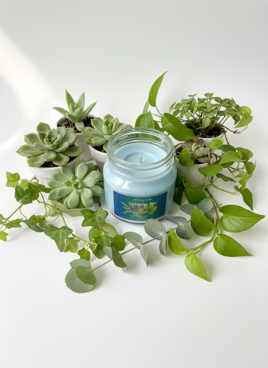 Eucalyptus & Mint Scented Candle 8oz Single Cotton Wick Glass Jar