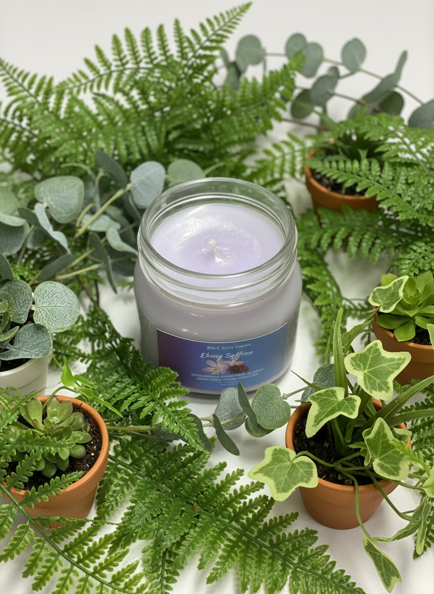 Ebony Saffron 8oz Candle Cotton  Wick Glass Jar