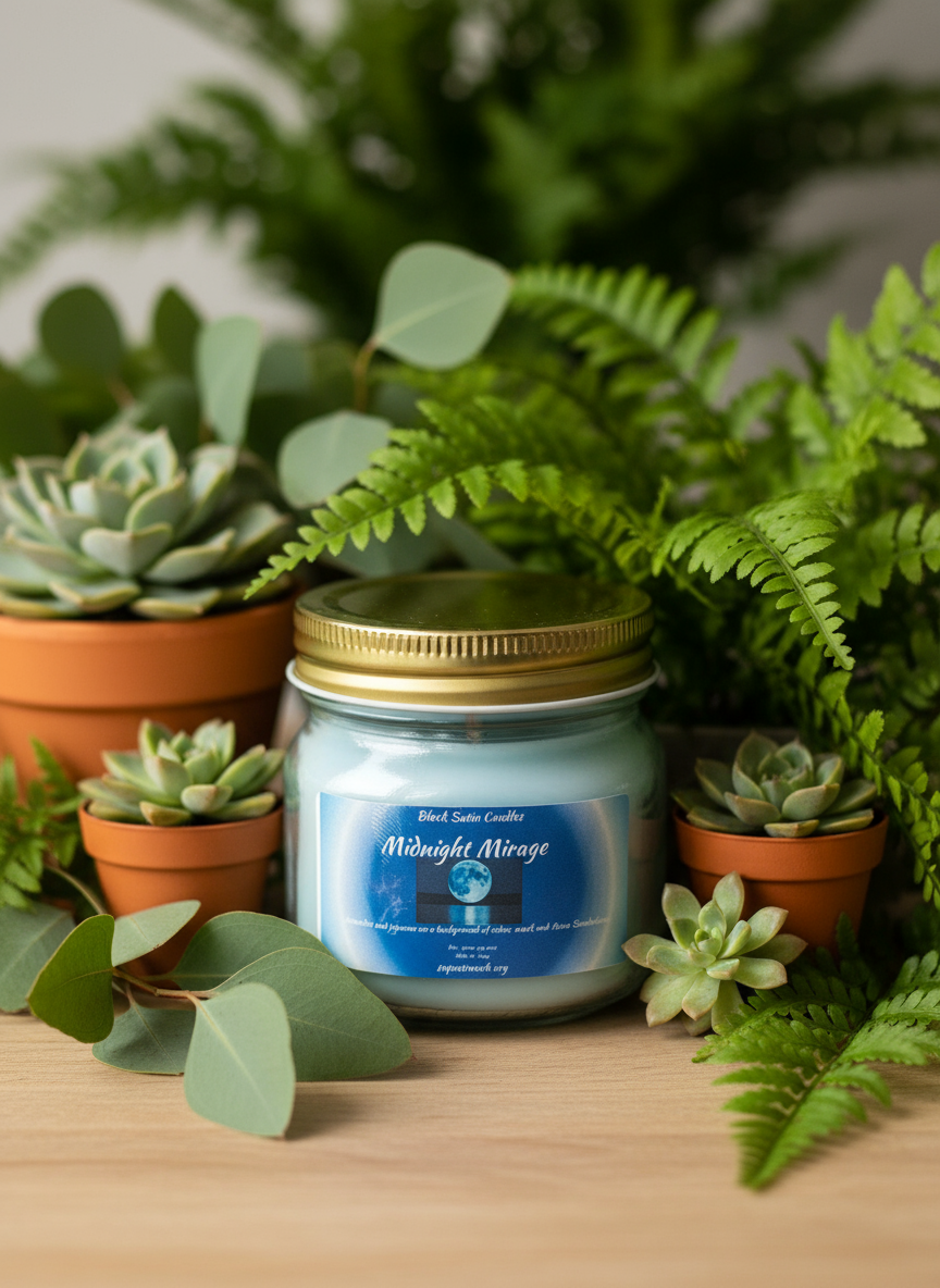 Midnight Mirage 8oz Candle Cotton  Wick Glass Jar