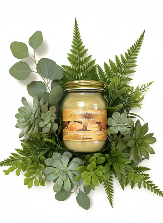 Fresh Leather Scented Candle 16oz Single Cotton Wick Glass Jar