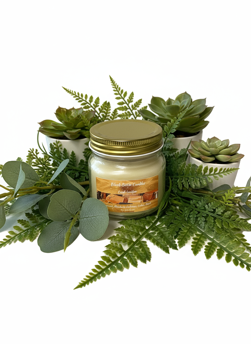 Fresh Leather Scented Candle 8oz Single Cotton Wick Glass Jar