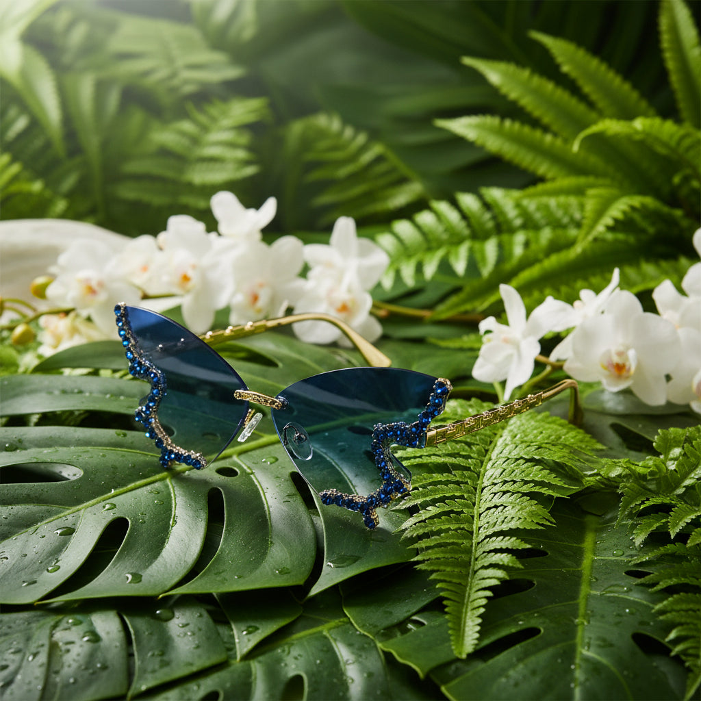 Women's Butterfly-Shaped Studded Framed Glasses Blue Tinted