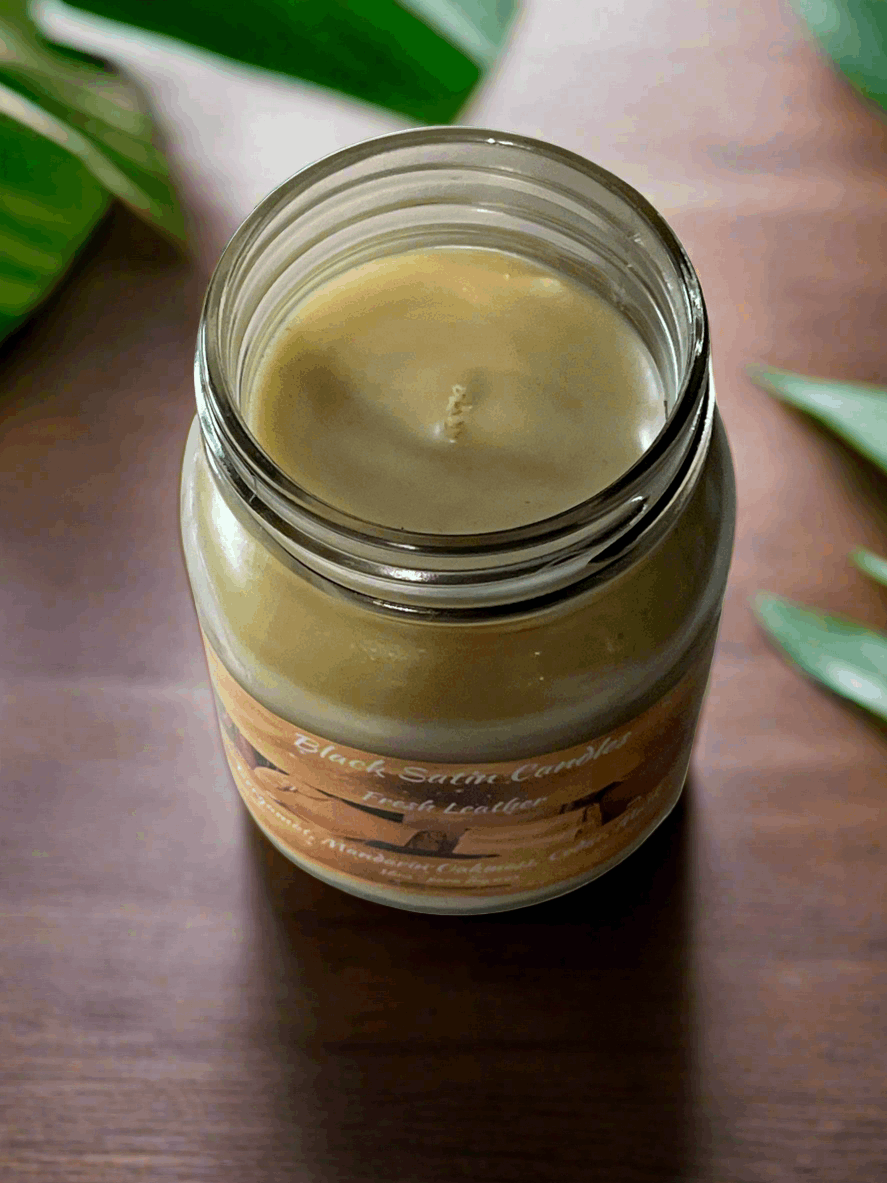 Fresh Leather Scented Candle 16oz Single Cotton Wick Glass Jar