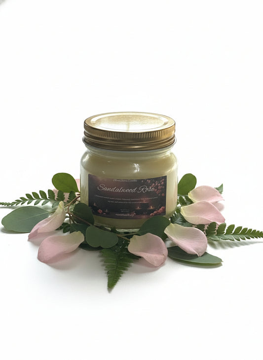 Sandalwood Rose Scented Candle 8oz Single Cotton Wick Glass Jar