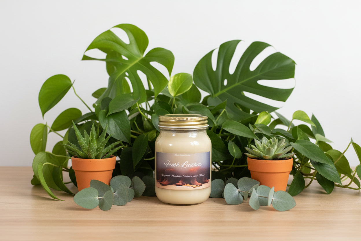 Fresh Leather Scented Candle 16oz Single Cotton Wick Glass Jar