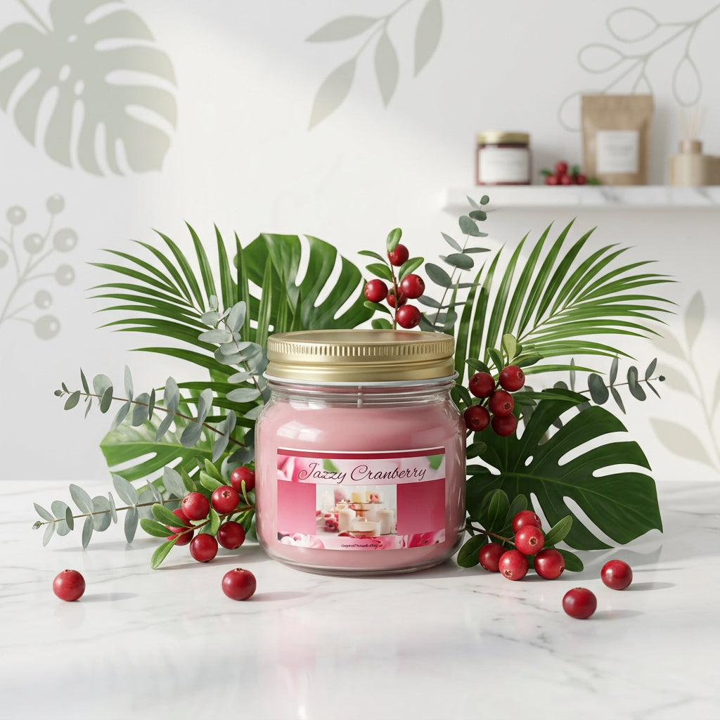 Jazzy Cranberry Scented Candle 8oz Single Cotton Wick Glass Jar