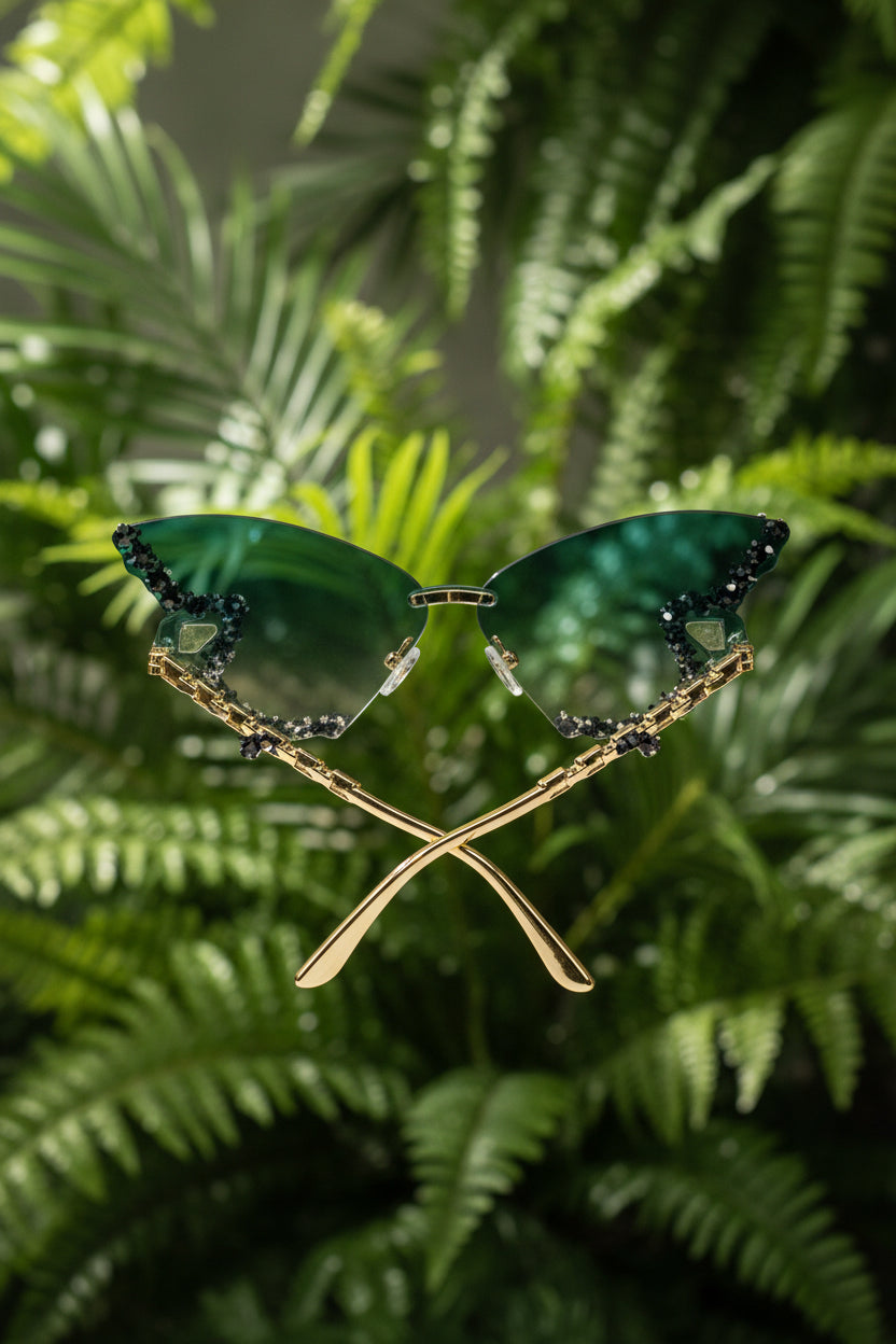 Women's Butterfly-Shaped Studded Framed Glasses Green Tinted