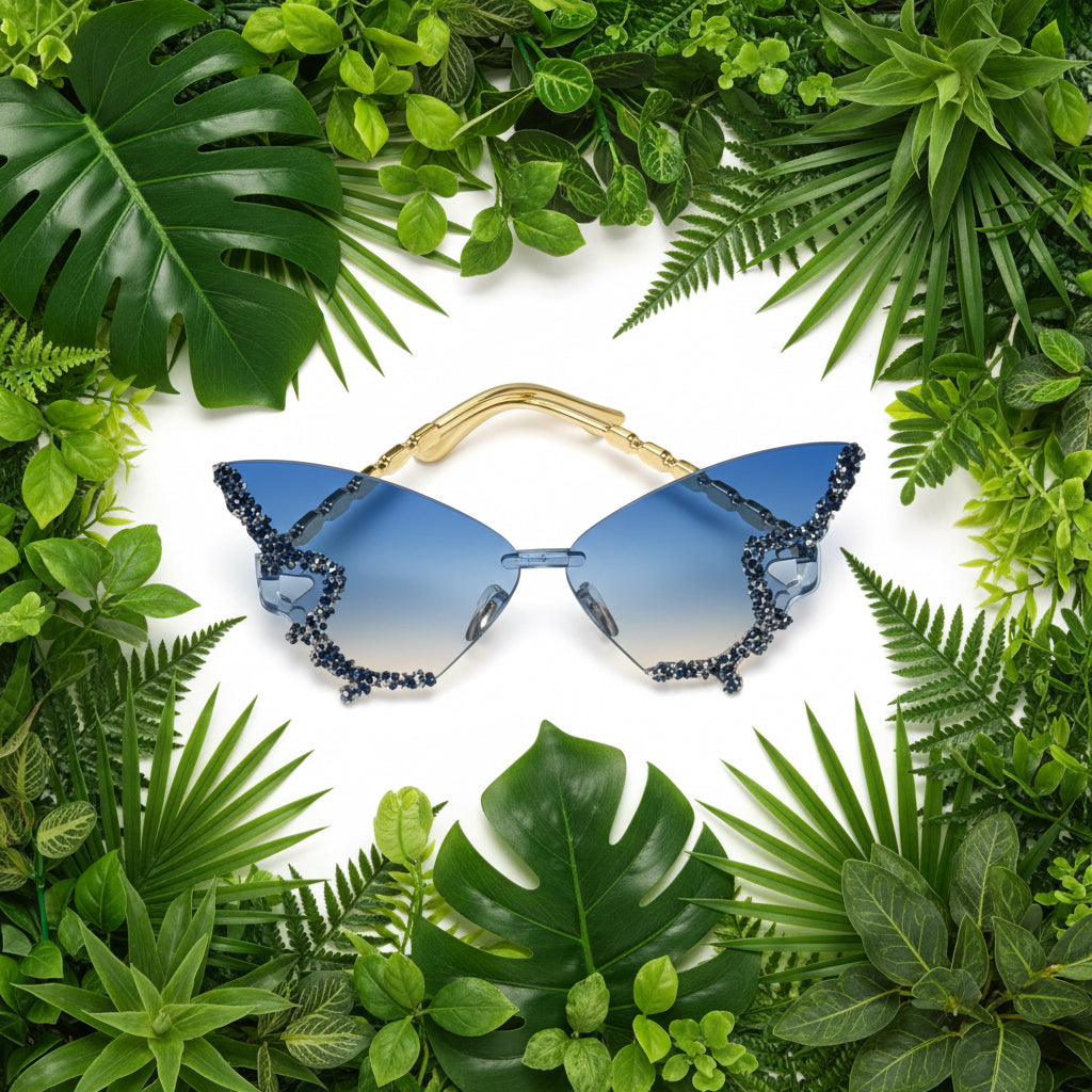 Women's Butterfly-Shaped Studded Framed Glasses Blue Tinted