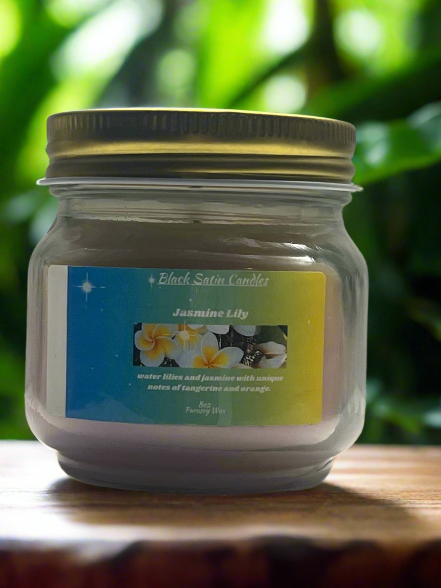 Jasmine Lily Scented Candle 8oz Single Cotton Wick Glass Jar