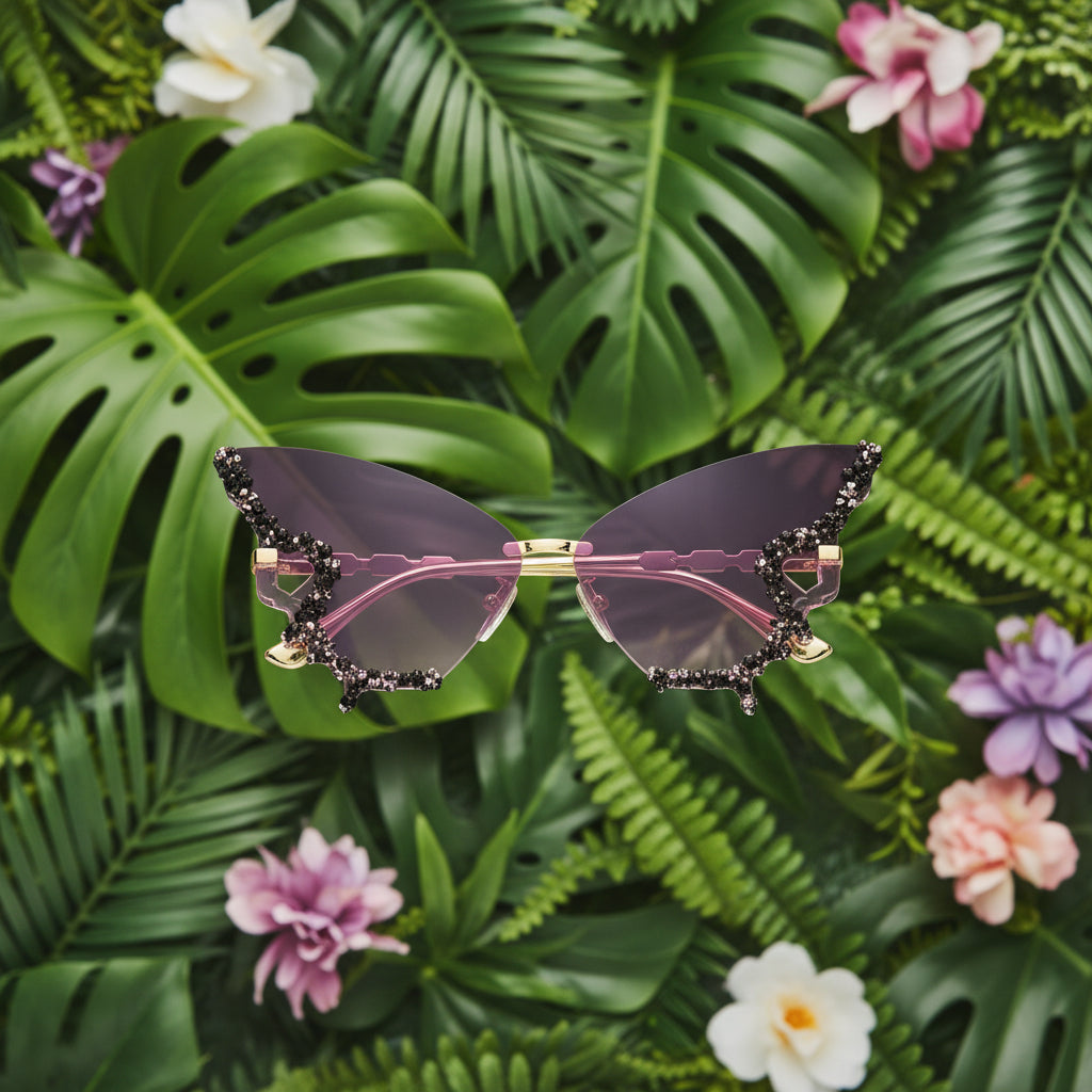 Women's Butterfly-Shaped Studded Framed Glasses Purple Tinted