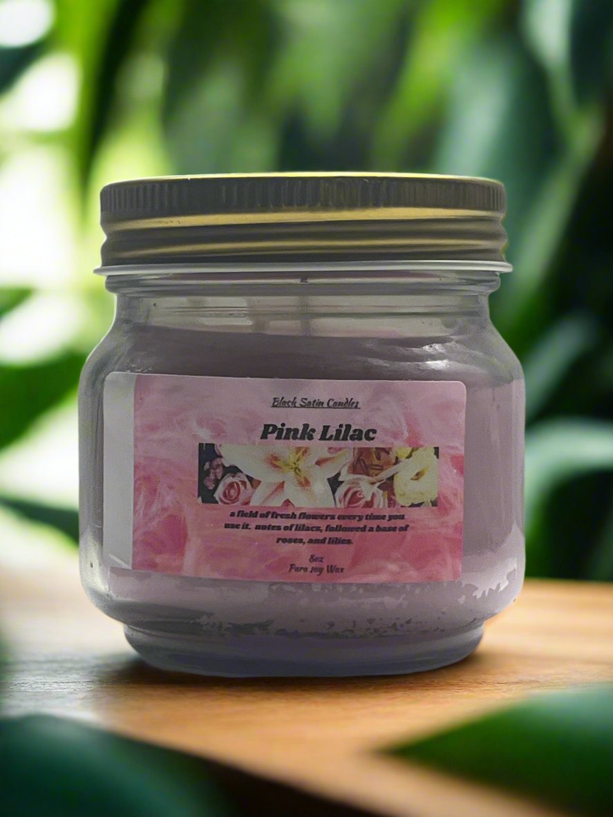 Pink Lilac Fragrance Scented Candle 8oz Single Cotton Wick Glass Jar