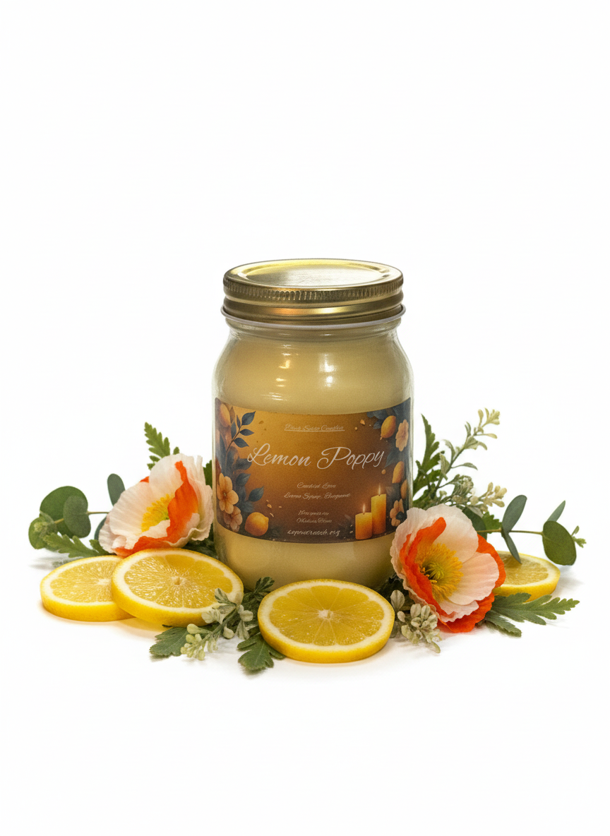 Lemon Poppy Scented Candle 16oz Single Cotton Wick Glass Jar