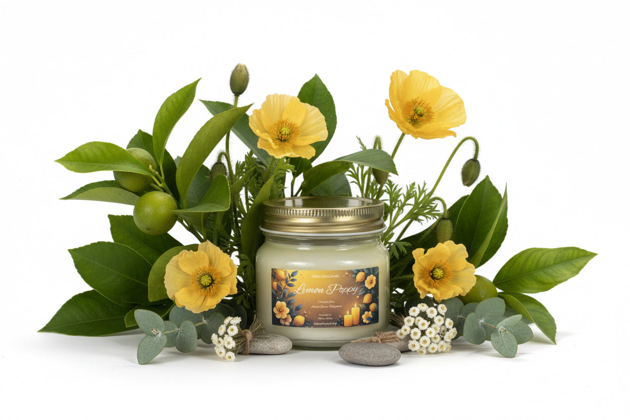 Lemon Poppy Scented Candle 8oz Single Cotton Wick Glass Jar