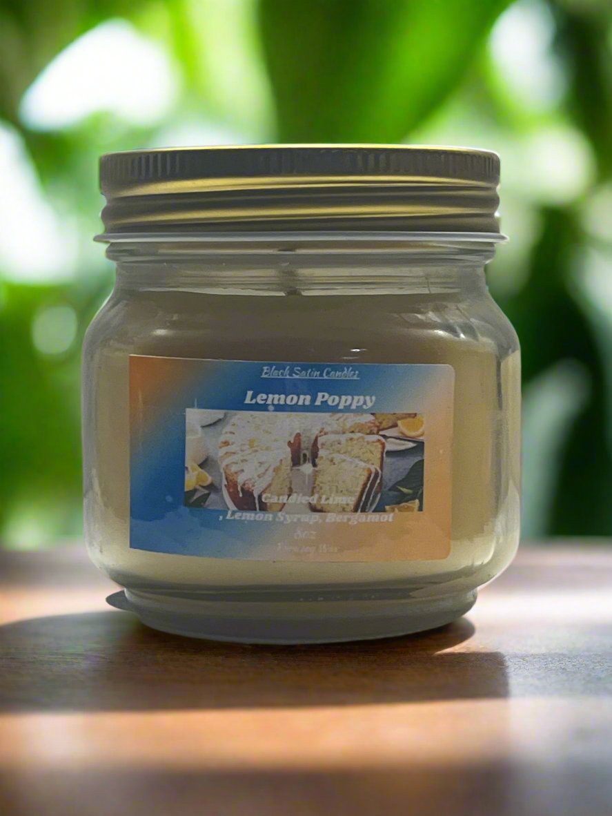 Lemon Poppy Scented Candle 8oz Single Cotton Wick Glass Jar