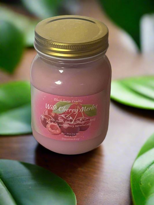 Wild Cherry Merlot Scented Candle 16oz Single Cotton Wickless Glass Jar