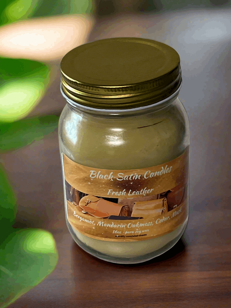 Fresh Leather Scented Candle 16oz Single Cotton Wick Glass Jar