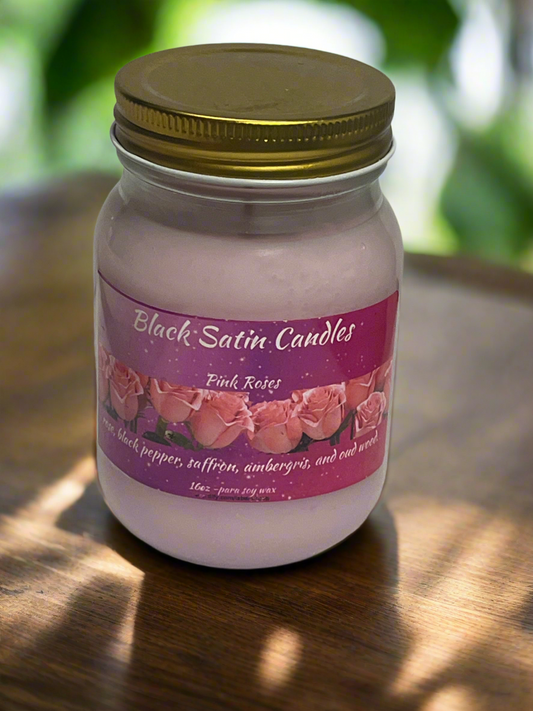 Pink Roses Scented Candle 16oz Single Cotton Wick Glass Jar