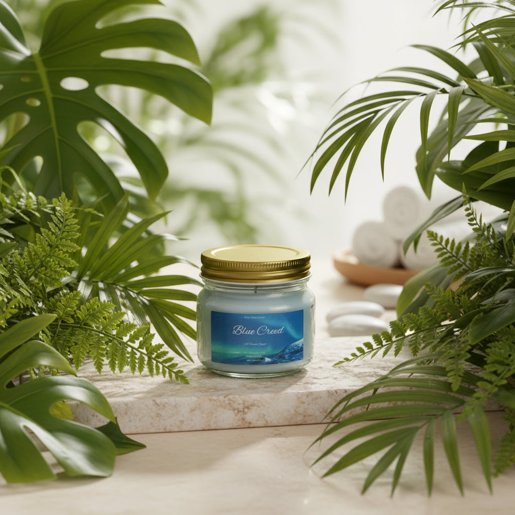 Blue Creed Scented Candle 8oz Cotton Wick Glass Jar