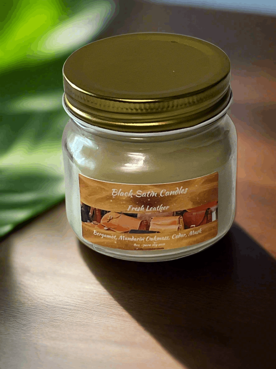 Fresh Leather Scented Candle 8oz Single Cotton Wick Glass Jar